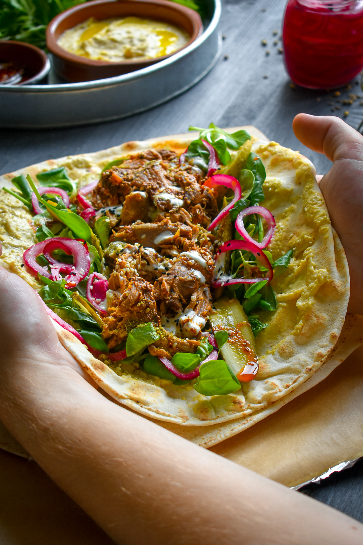 Recipe Slow Cooked Harissa Lamb Flatbreads [SP] GastroGays